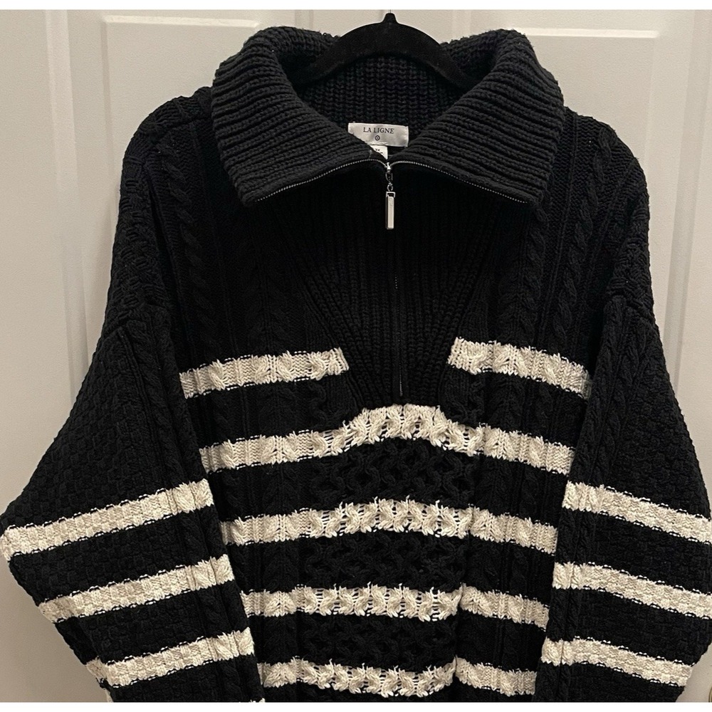 La Ligne x Target Sweater‎ Black Quarter Zip Striped Cable Knit Womens 3X